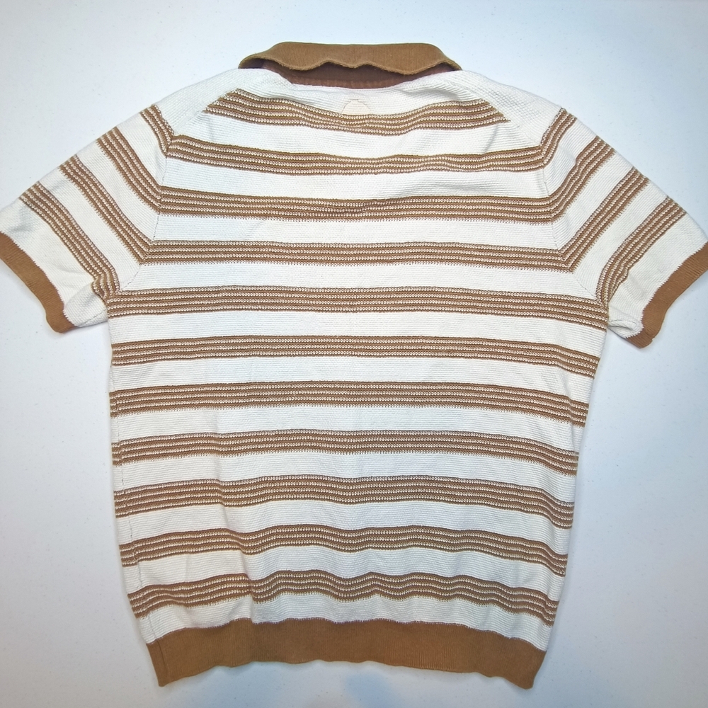 Common People Fry Knitted Polo Shirt Tan Brown Stripe Size S Cotton Preppy - Picture 4 of 9